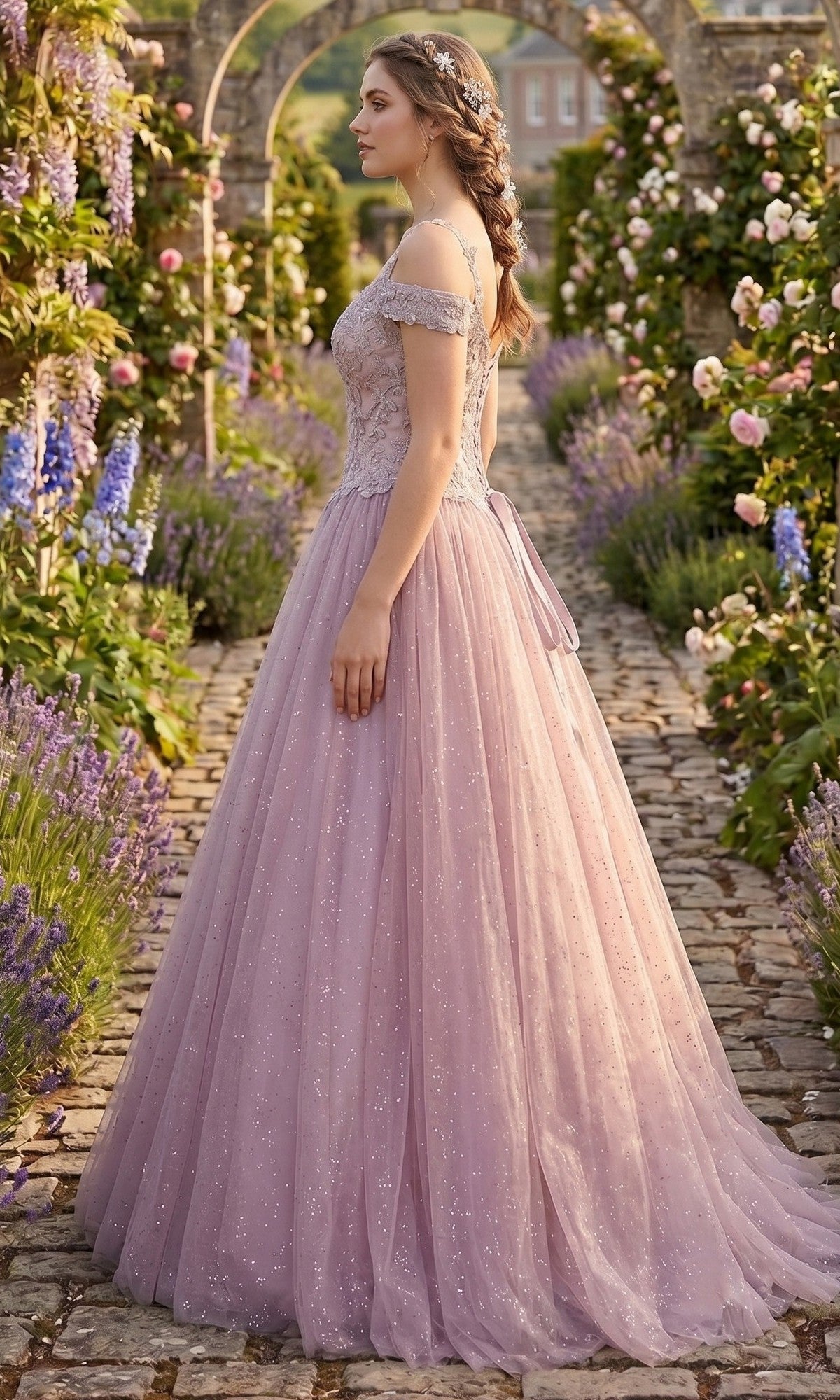 A woman in the Chicas YG5012 long formal dress, featuring a lavender hue and lace-embroidered bodice, stands sideways on a cobblestone path surrounded by flowers in a garden.